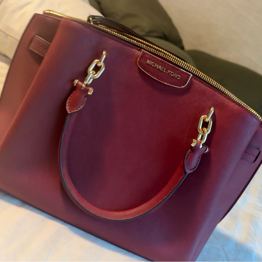 Michael Kors Burgundy Satchel with Gold Accents